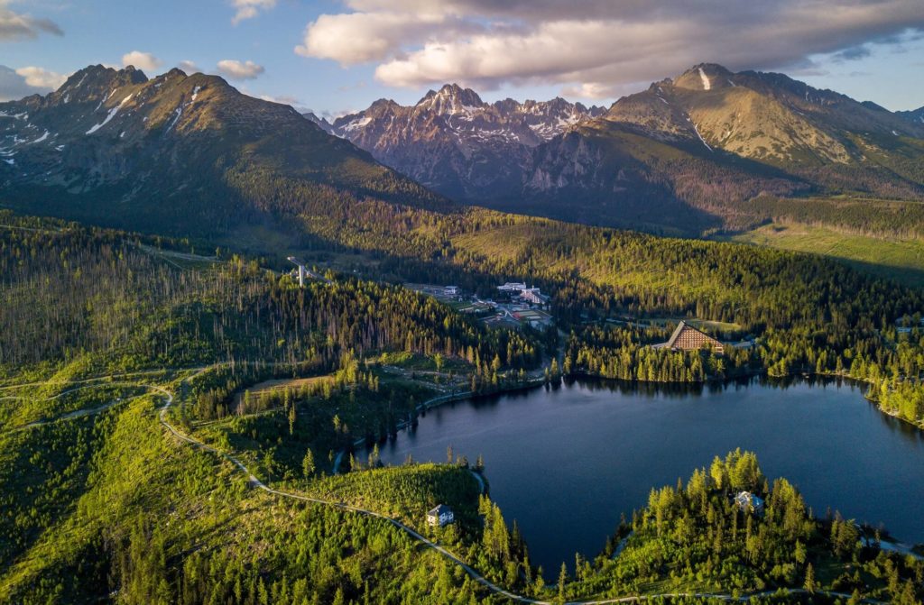 aerial view of strbske pleso lake in tatras mountains