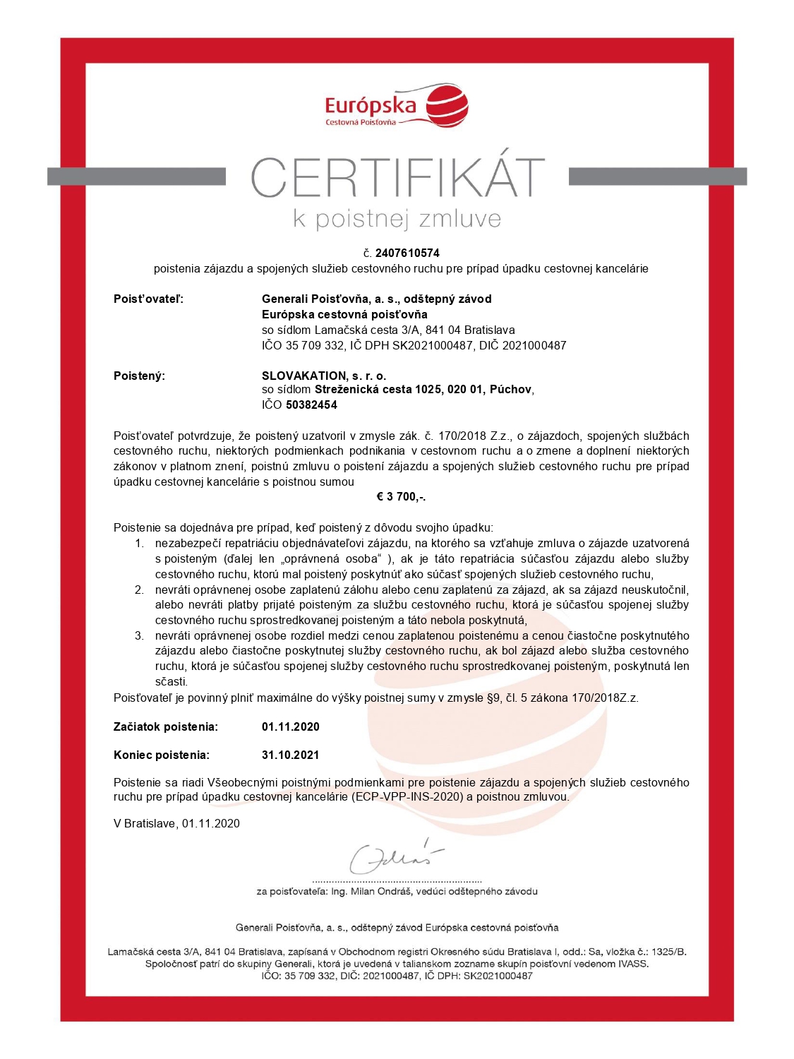 Insurance certificate - SLOVAKATION | Vacation in Slovakia